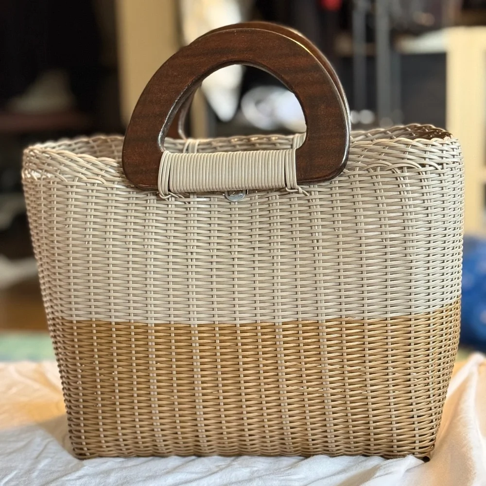 Handmade Guatemalan Woven Straw Tote Bag Wood Handles | Neutral Summer Bag NWOT - Picture 2 of 11